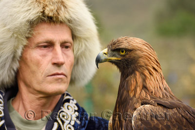 Close up of Golden Eagle held by a trainer at Sunkar Raptor Center Almaty Kazakhstan