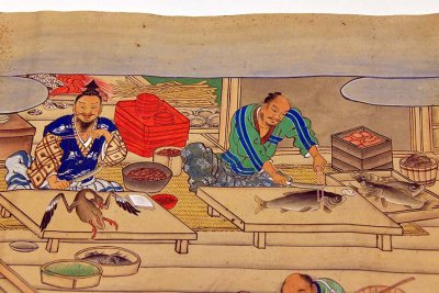 Le Rouleau illustr sur les mrites compars du sak et du riz, estampe japonaise du 17e sicle - 5034