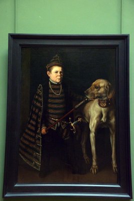 Anthonis Mor van Dashort, dit Antonio Moro (1519-1575) - Le Nain du cardinal de Granvelle tenant un gros chien - 8639