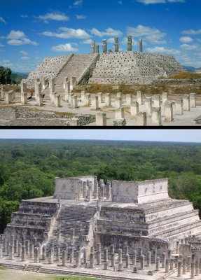 Gran similitud por la influencia Tolteca (arriba) vs Chichenitza (abajo)