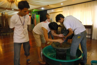 Cyro and company laying out the indoor fountain