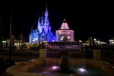 Fountain and castle, night