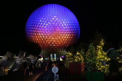 Spaceship Earth, and Christmas decor, night