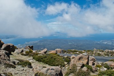 Dolerite outcrops, looking down to Hobart