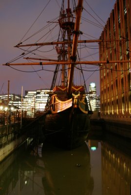 Replica of Golden Hind docked in St Mary Overie Dock, London
