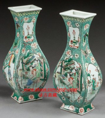 121 Qing pair square vases, 晚清人物对瓶