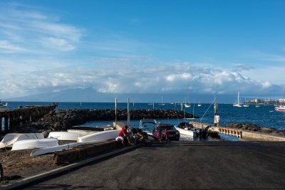 2234 Mala Boat Ramp near Lahaina, remains of Mala Wharf (left) from 1922, Lanai'i in the background.