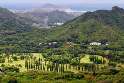 View over the Pali Golf Course, with the Kane'ohe Marine Corps Base in the distance