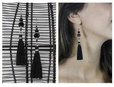 27.  Black silk tassel with black square earring.jpg