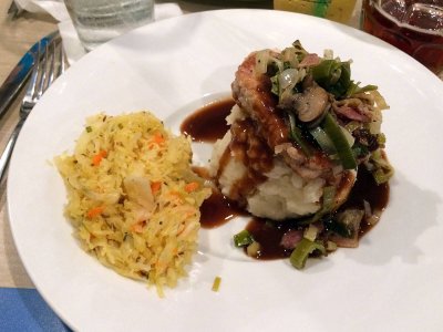 The main course: Pork tenderloin, mash potatoes and Swedish coleslaw 