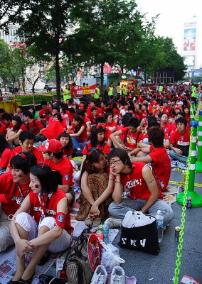 Korea: crowd waiting to cheer their soccer team playing in the World Cup.
