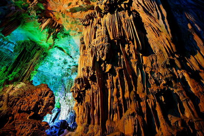 Guilin: reed flute caves, illuminated by neon lights.