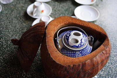 Mekong Delta: interesting use of coconut shell to hold tea pot