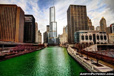 Trump Tower & Chicago River with St. Patrick's Day green river