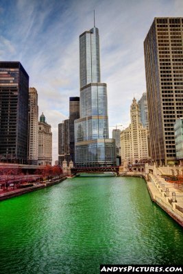 Trump Tower & Chicago River with St. Patrick's Day green river