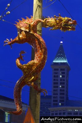 Seattle's Chinatown Dragon & Smith Tower at Night