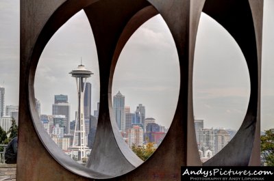 Downtown Seattle from Queen Anne Hill & the Changing Form sculpture