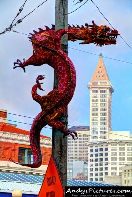 Seattle Chinatown dragon & Smith Tower