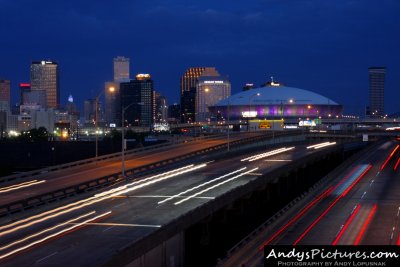 Superdome & New Orleans skyline at nigh