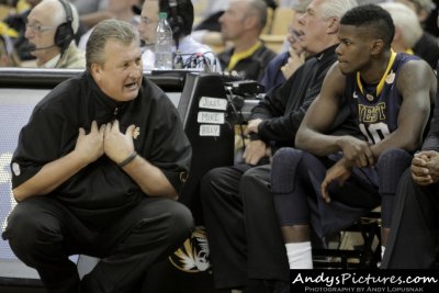 West Virginia Mountaineers head coach Bob Huggins with guard Eron Harris