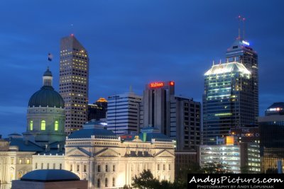 Indiana State Capitol Building & downtown Indy at night