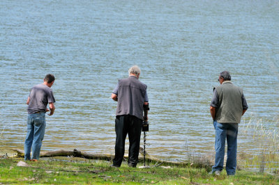 The fisherman, the detector man, and the observer man at Lake William Hovell. 