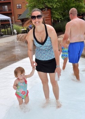 Gwen and Sophia in the outdoor pool