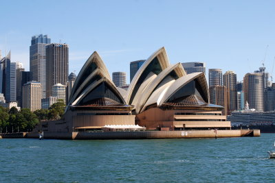 opera house with a decent city view behind it