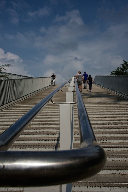 Up the stairs.