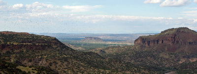 Black Mesa in the distance as the birds fly over the canyon