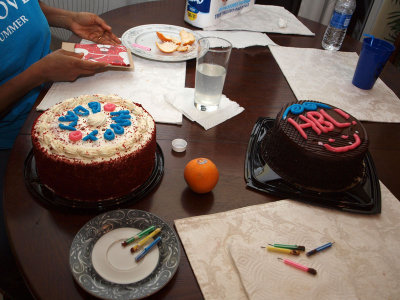 The amateur lettering on the cakes