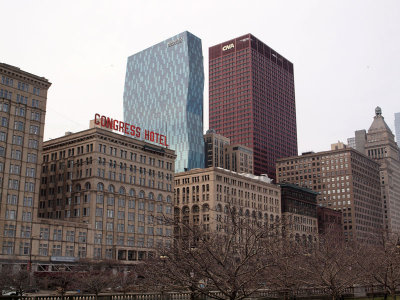 Distinctive shape of the New Roosevelt University building