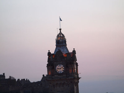 Clock tower of Balmoral hotel in the setting sun