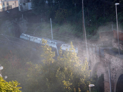 A Circumvesuviana train behind our hotel in Sorrento
