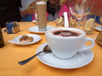 A cup of hot chocolate with lunch