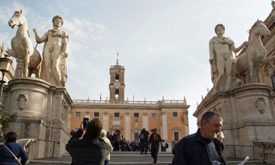 Statues at the top of steps to the Campidoglio