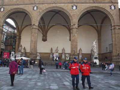 Police in front of the Loggia della Signoria in the Piazza della Signoria