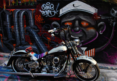 Eyeing a shiny Harley Davidson