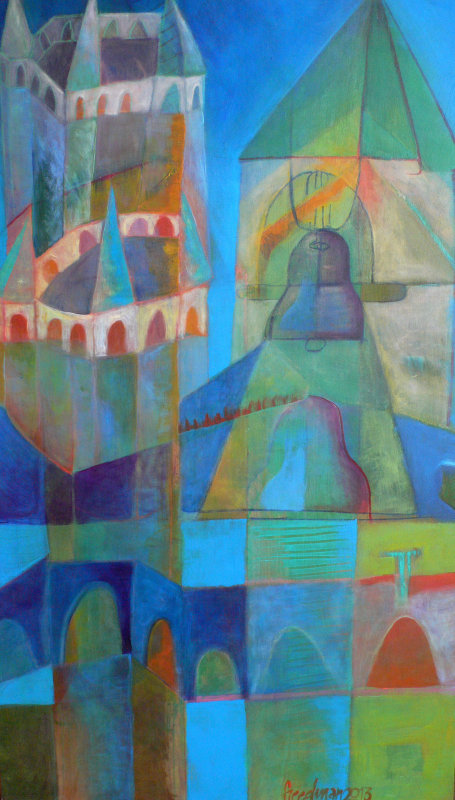 the bell towers, 34 x 22 , acrylic on wood
