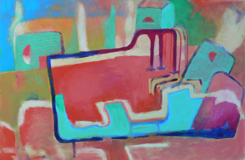 abstract  with green box, 30 x 40 acrylic on wood, 2013