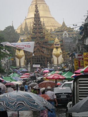 The eastern entrance to Shwe Dagon on a rainy day