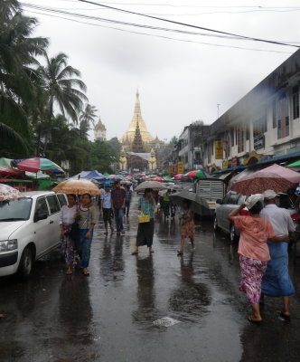 The eastern entrance to Shwe Dagon on a rainy day