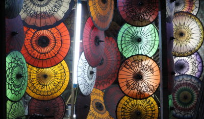 Restaurant Row in Nyaung U. Umbrellas...