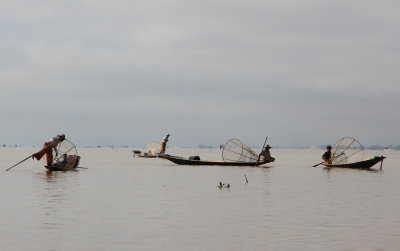 Leg rowing fishermen on Inle Lake