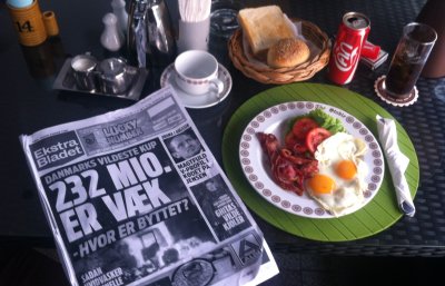 Breakfast at Stable Lodge. Copies of fresh danish and swedish newspapers. (but no regular norwegian ones)