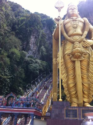 Batu Caves. The sculpture of Lord Murugan is 43 m high. There are 272 steps up to the cave entrance