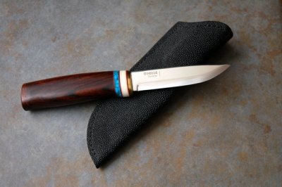 Personal Knife ...HELLE #99 Scandinavian grind blade, Desert Ironwood handle, Cocobolo butt cap,  laminated Stingray hide sheath