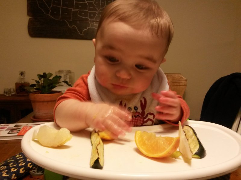 Hmm should I eat the zucchini or the orange? 