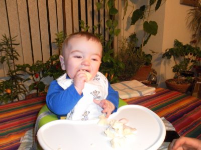 Stuffing those mashed potatoes in his face 
