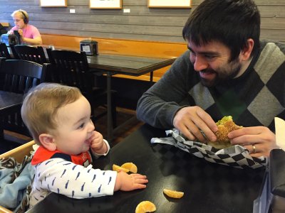 Jack joins us for breakfast out - he likes sitting in his own chair!